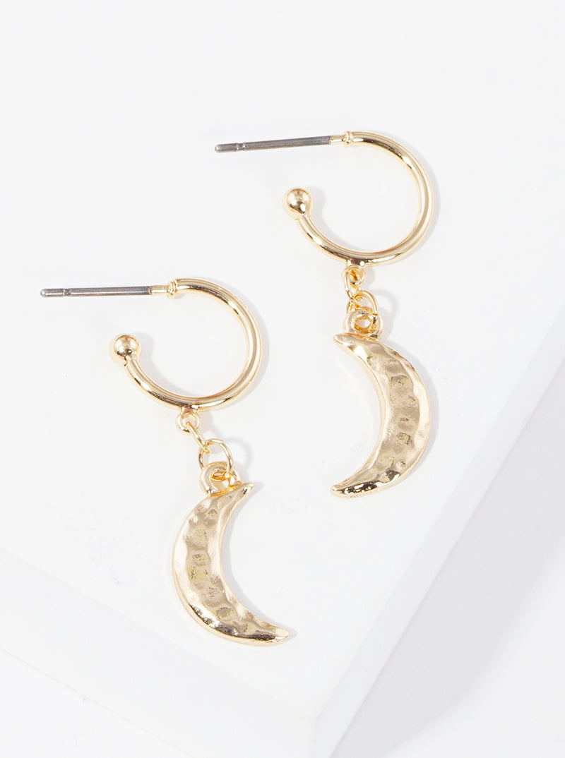 Hammered Metal Moon Drop 10mm Huggie Hoop Earrings