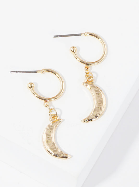 Hammered Metal Moon Drop 10mm Huggie Hoop Earrings