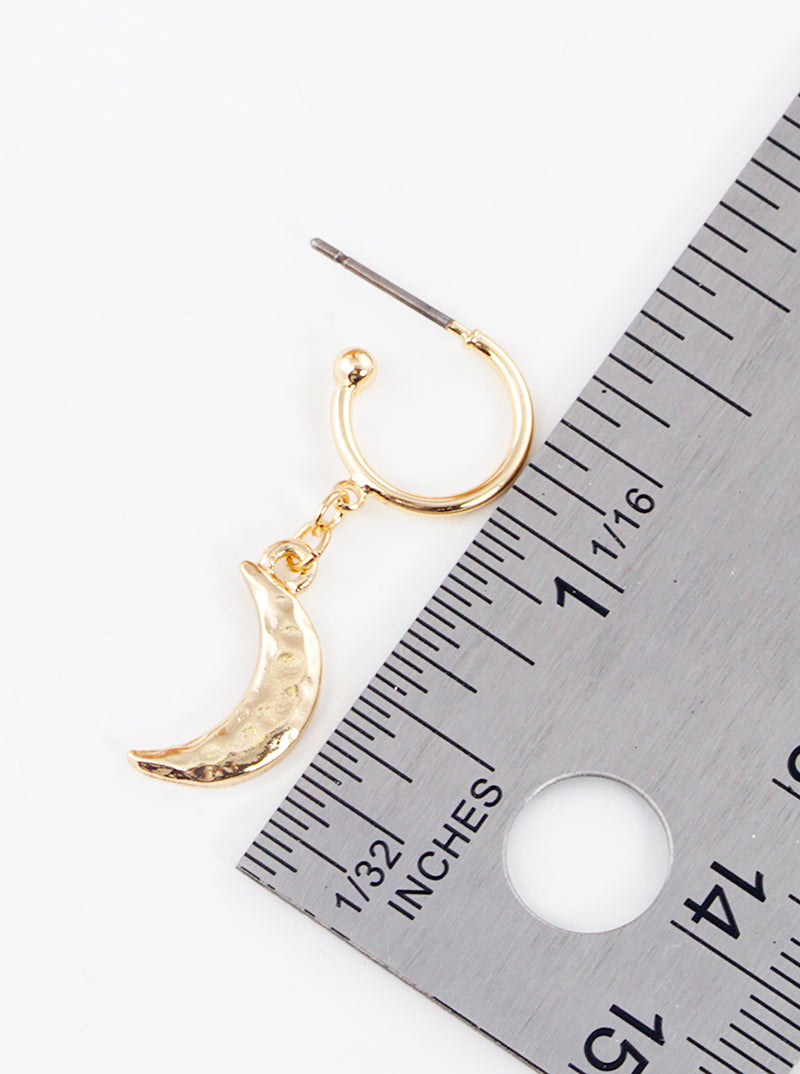 Hammered Metal Moon Drop 10mm Huggie Hoop Earrings