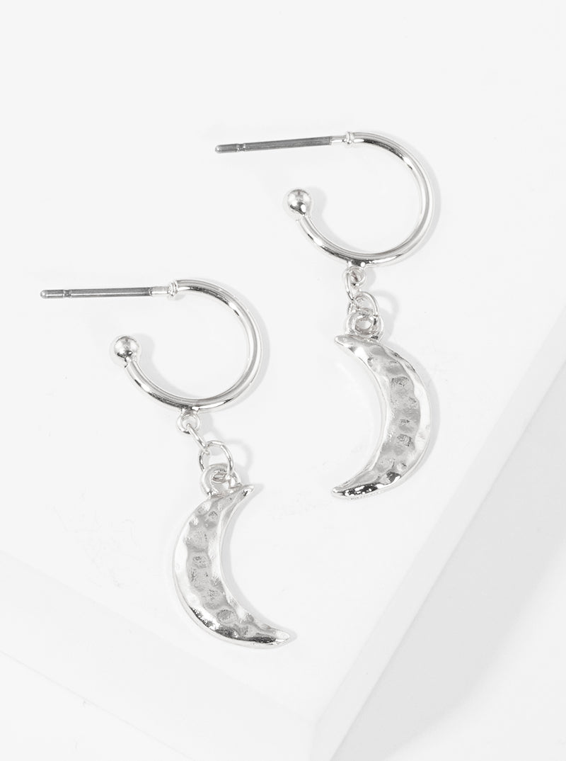 Hammered Metal Moon Drop 10mm Huggie Hoop Earrings
