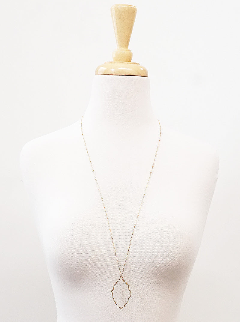 Hammered Metal Moroccan Shape Pendant 32 Inch Long Necklace