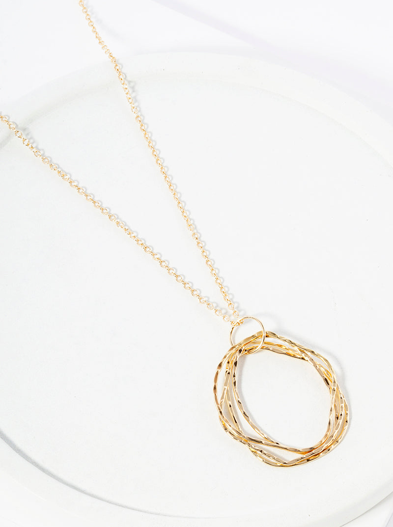 Hammered Metal Multi Organic Circle Pendant Long Necklace