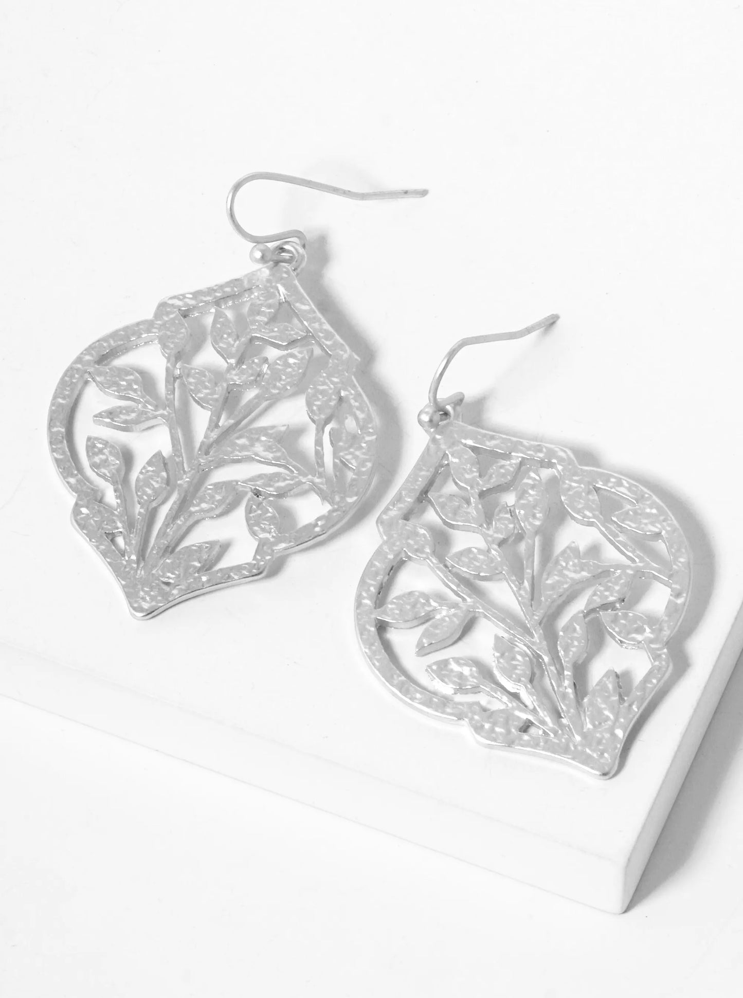Hammered Metal Nature Inspired Filigree Dangle Drop Earrings