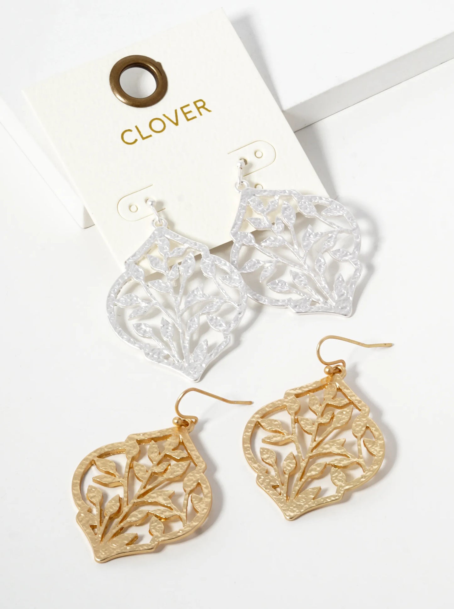 Hammered Metal Nature Inspired Filigree Dangle Drop Earrings