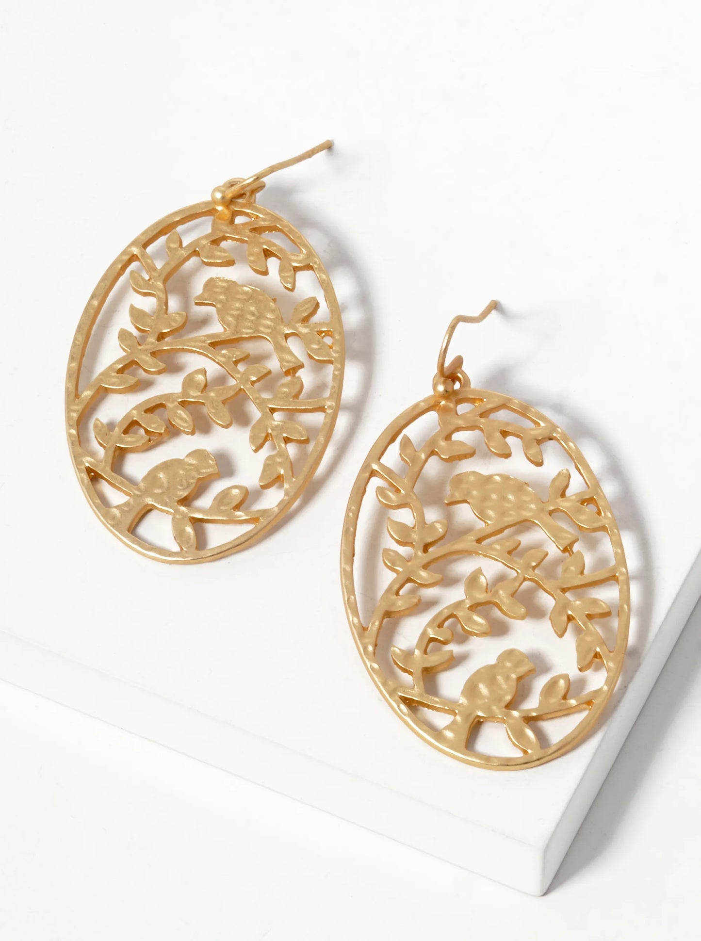 Hammered Metal Nature Inspired Oval Filigree Dangle Drop Earrings