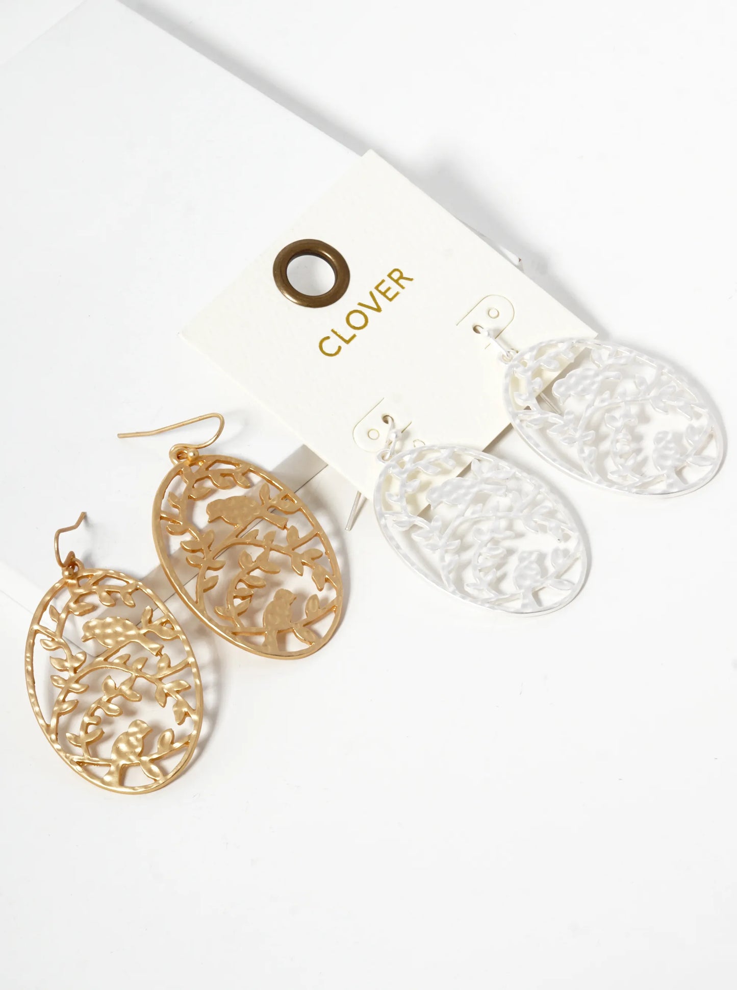 Hammered Metal Nature Inspired Oval Filigree Dangle Drop Earrings