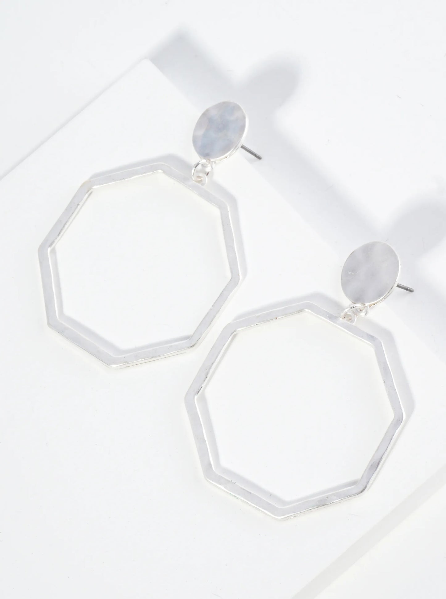Hammered Metal Octagon Drop Geometric Dangle Post Earrings