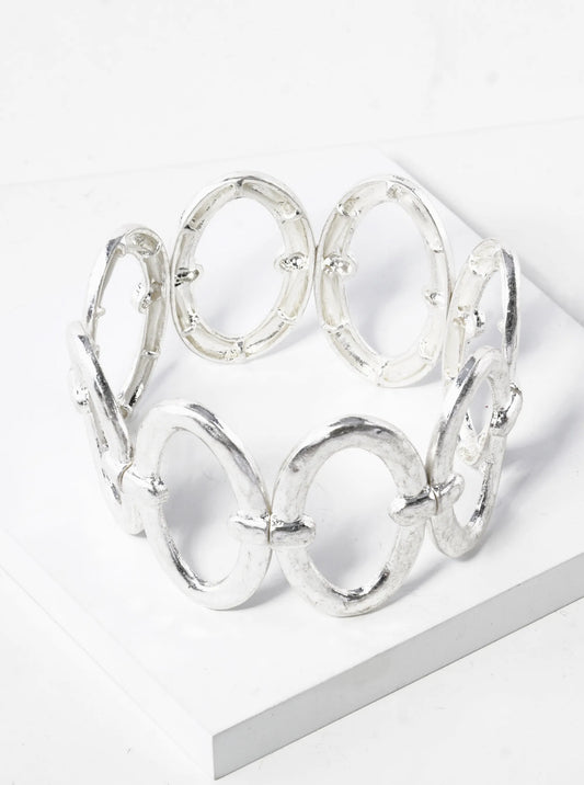 Hammered Metal Oval Cast Linked Stretch Bracelet