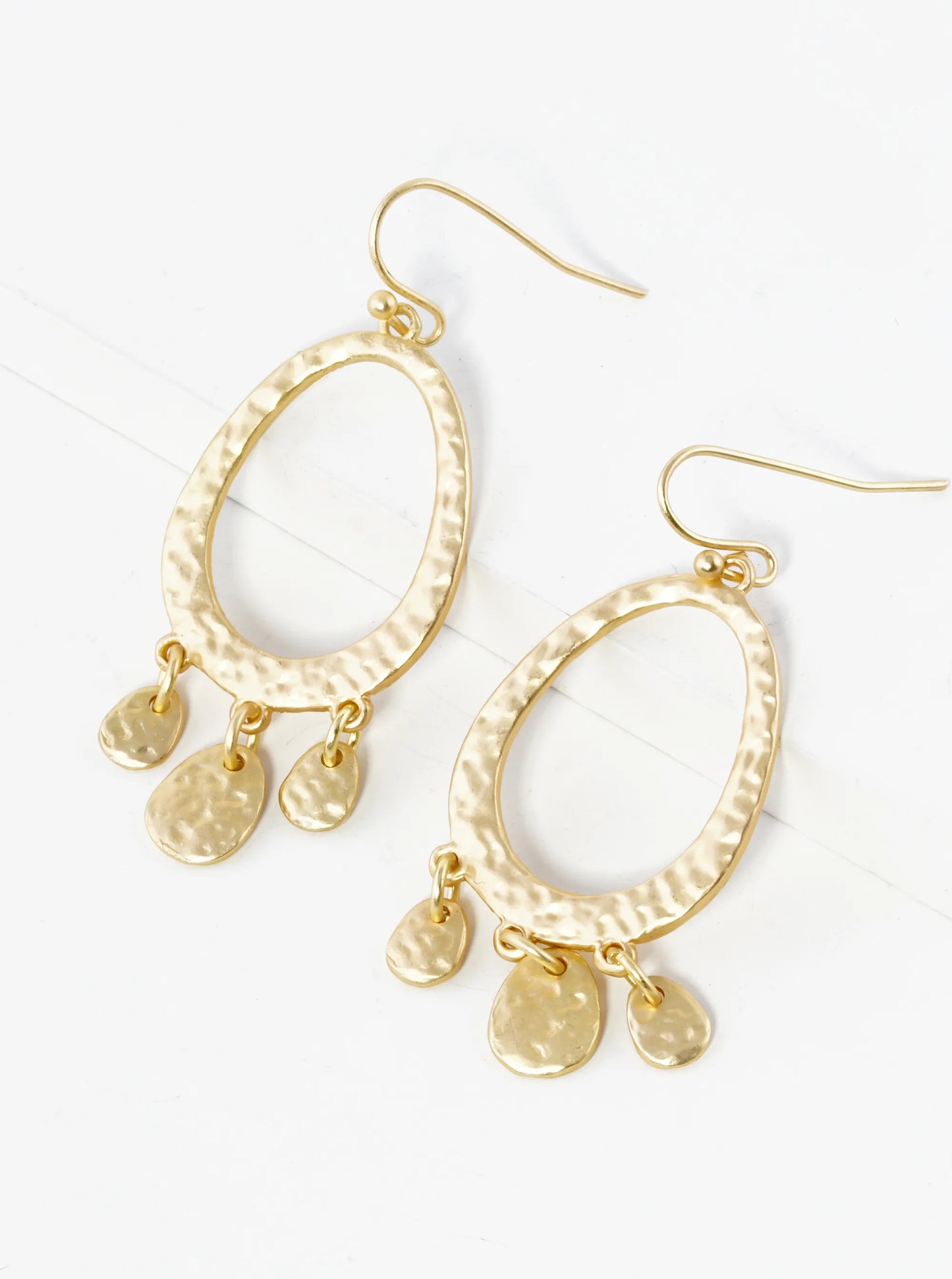 Hammered Metal Oval Disc Drop Dangle Earrings