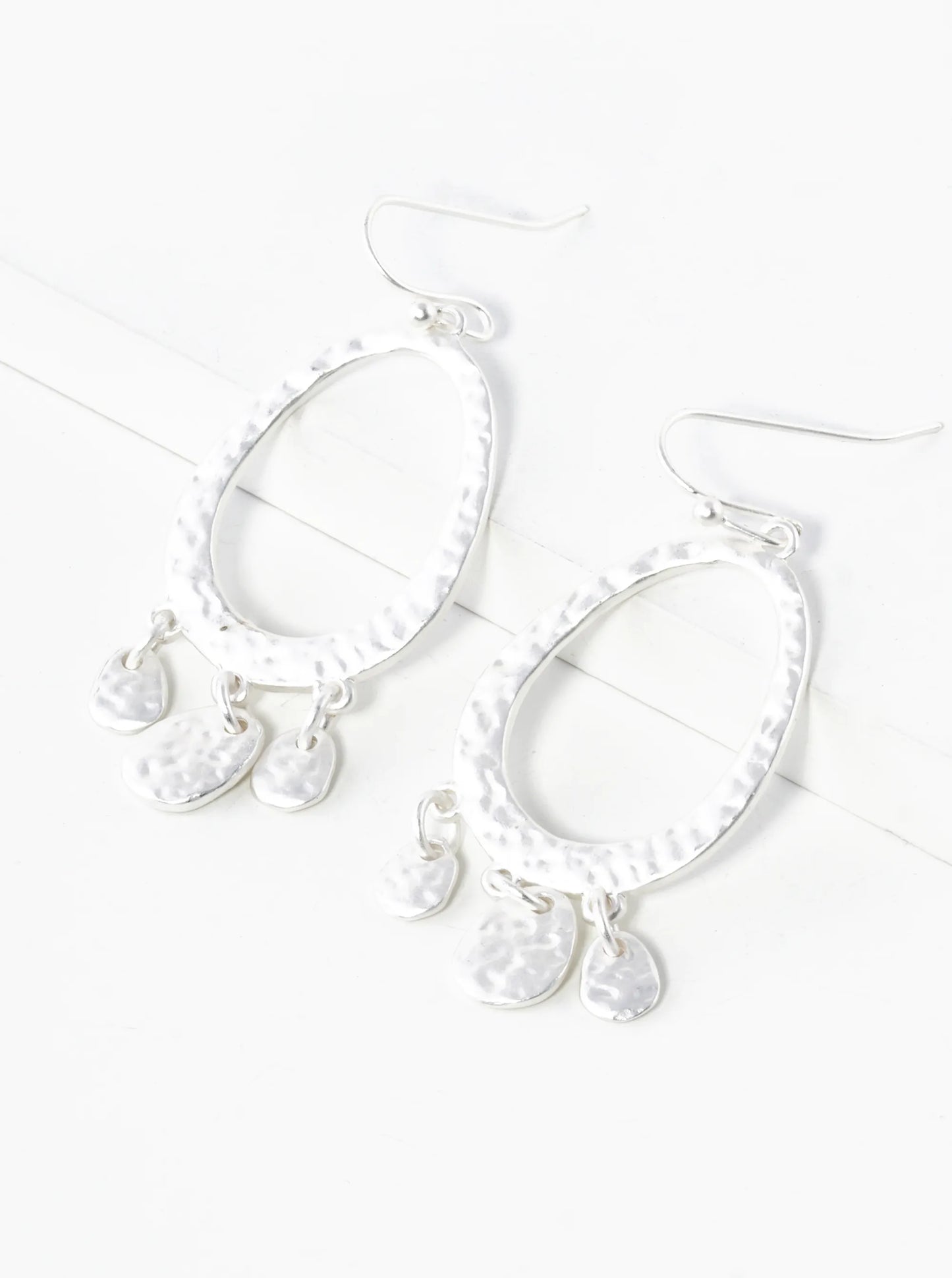 Hammered Metal Oval Disc Drop Dangle Earrings