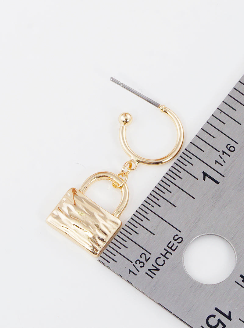 Hammered Metal Padlock Drop 10mm Huggie Hoop Earrings