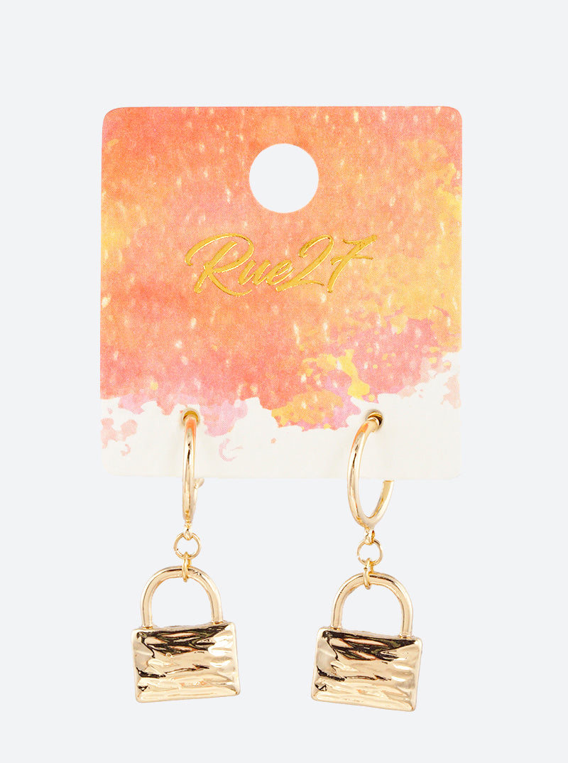 Hammered Metal Padlock Drop 10mm Huggie Hoop Earrings