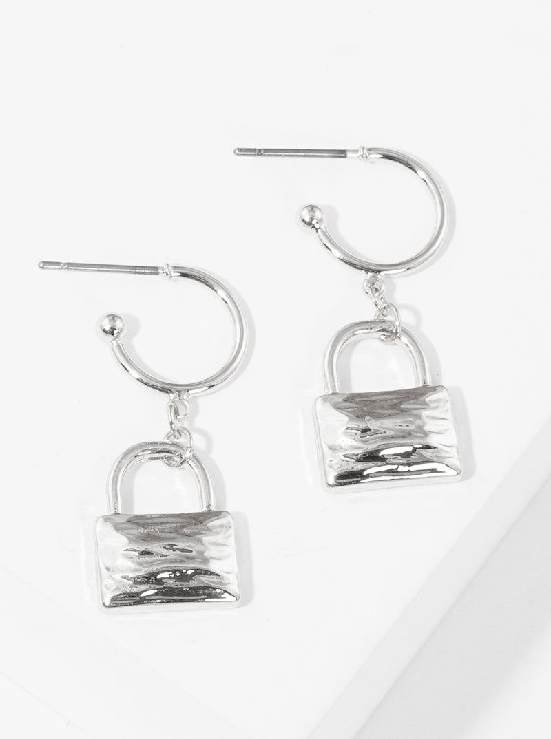 Hammered Metal Padlock Drop 10mm Huggie Hoop Earrings