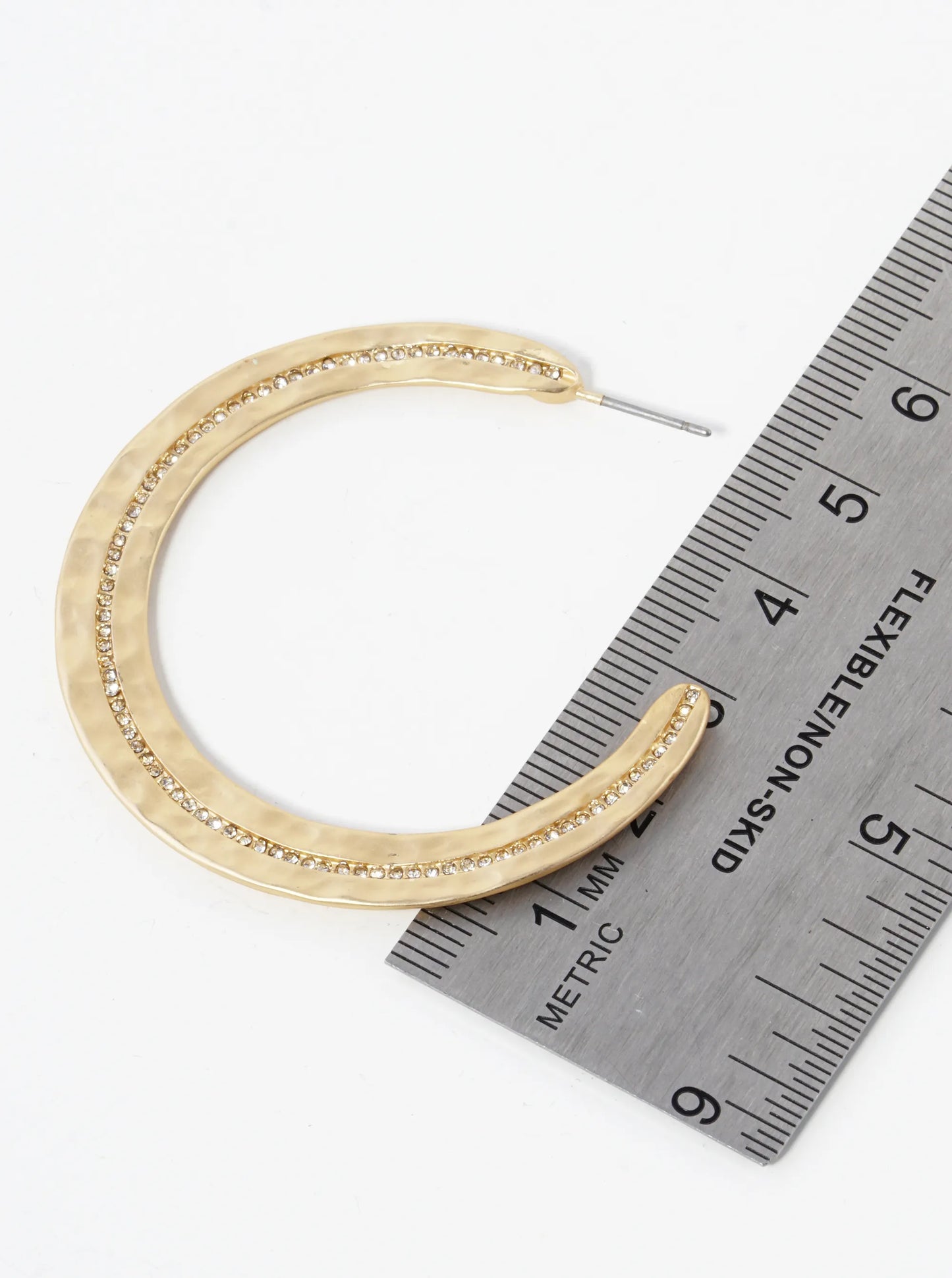 Hammered Metal Pave Crystal 50mm Wide Open Hoop Earrings