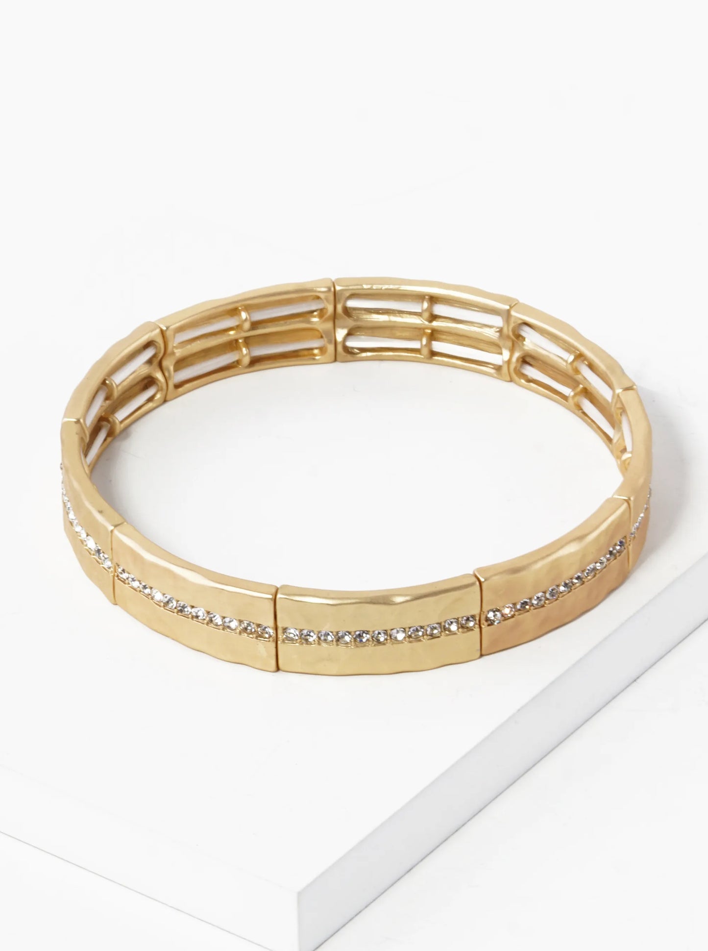 Hammered Metal Pave Crystal Stretch Bangle Bracelet