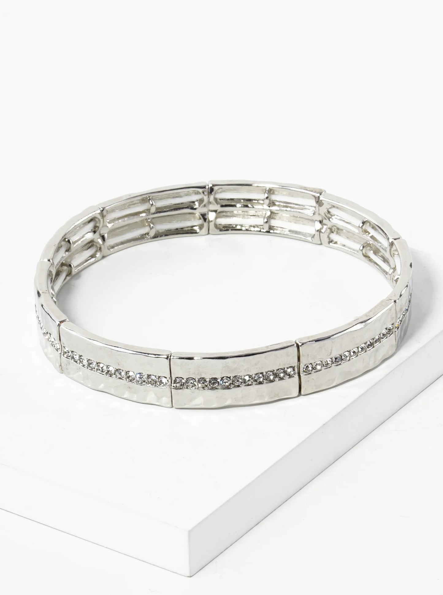 Hammered Metal Pave Crystal Stretch Bangle Bracelet
