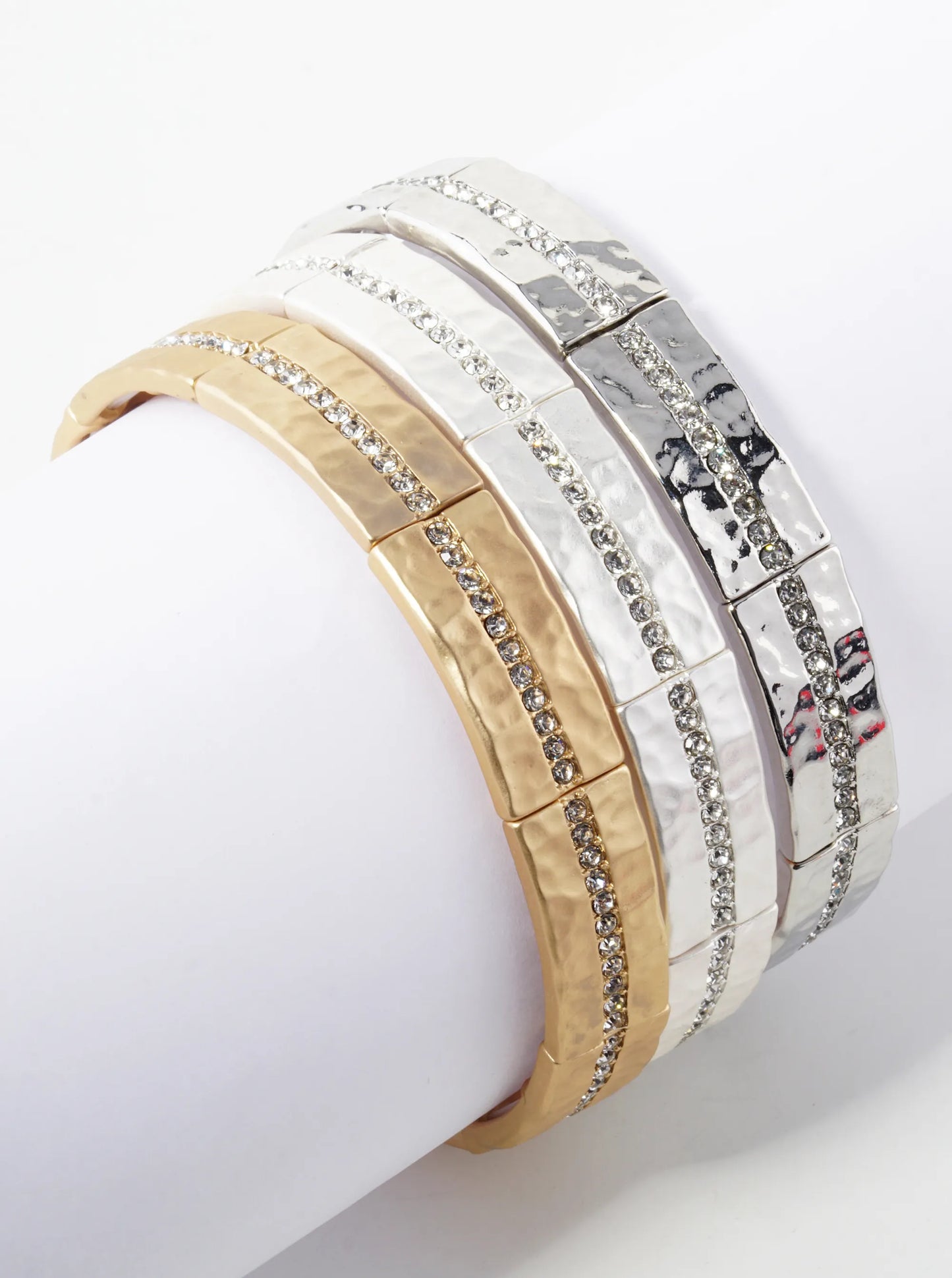Hammered Metal Pave Crystal Stretch Bangle Bracelet
