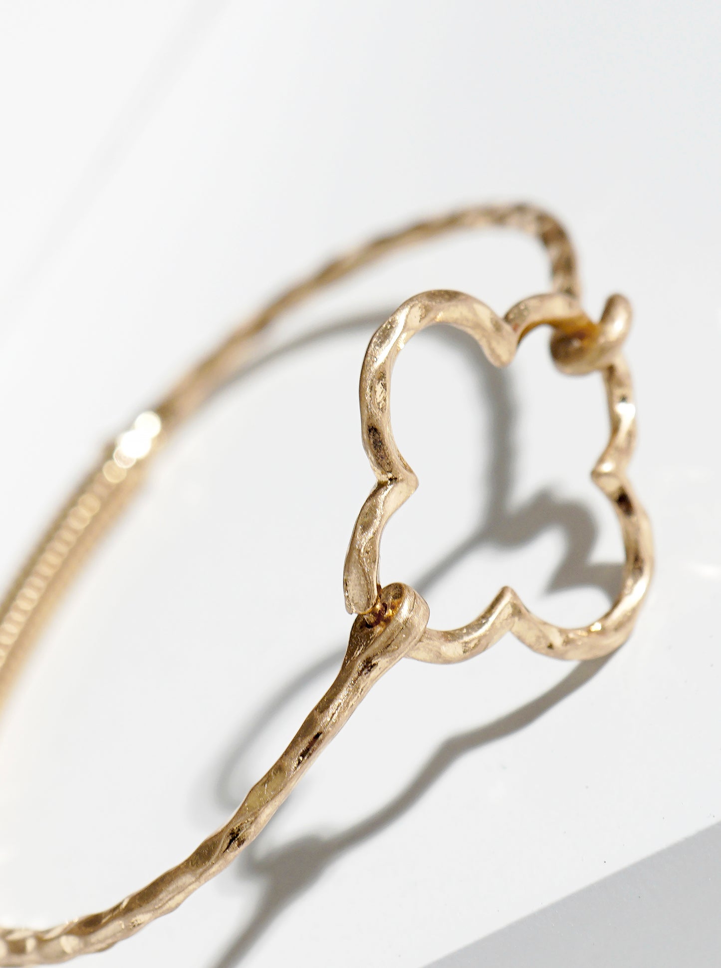 Hammered Metal Quatrefoil Accent Fine Spring Hook Closure Bangle Bracelet