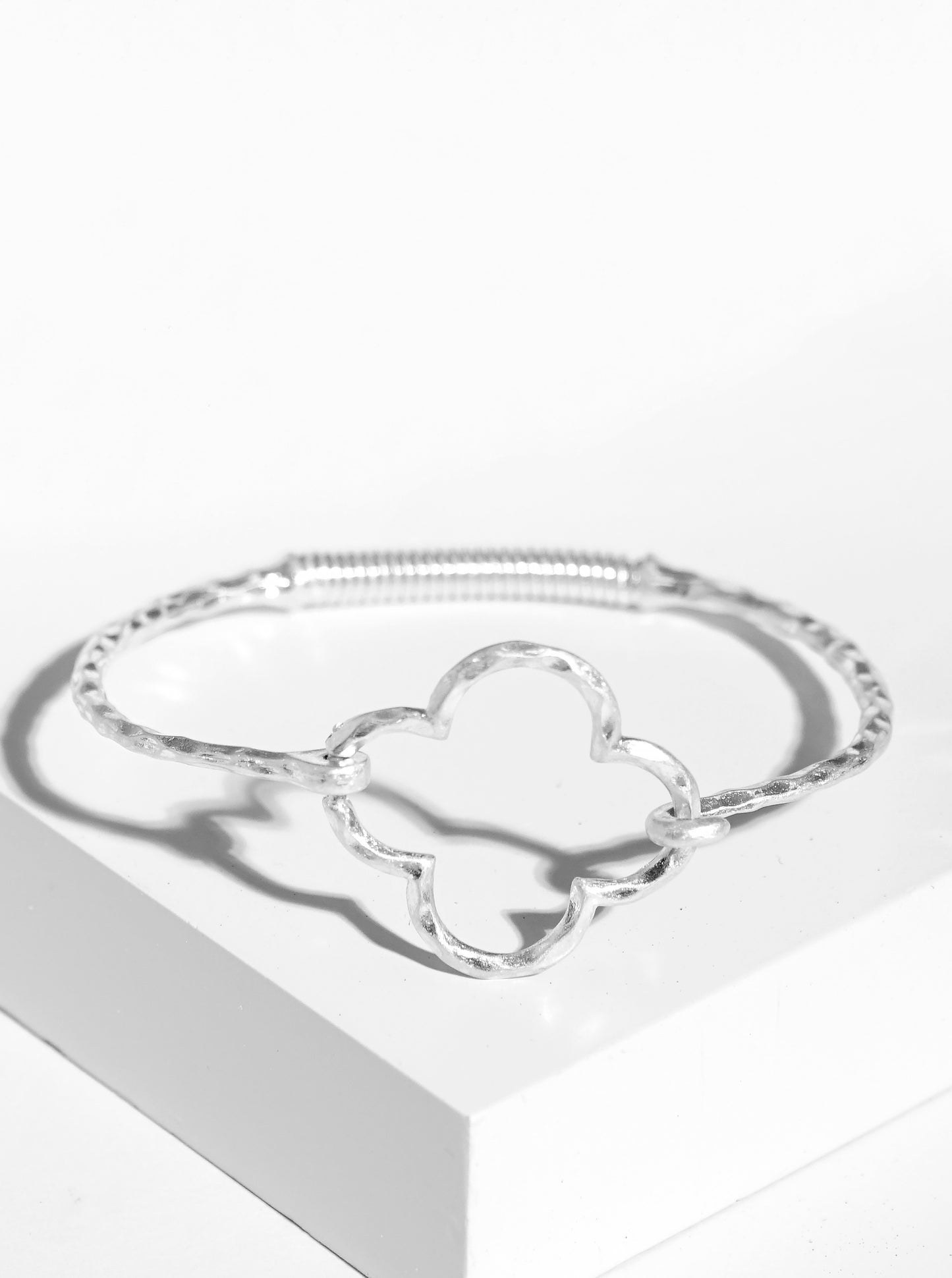 Hammered Metal Quatrefoil Accent Fine Spring Hook Closure Bangle Bracelet