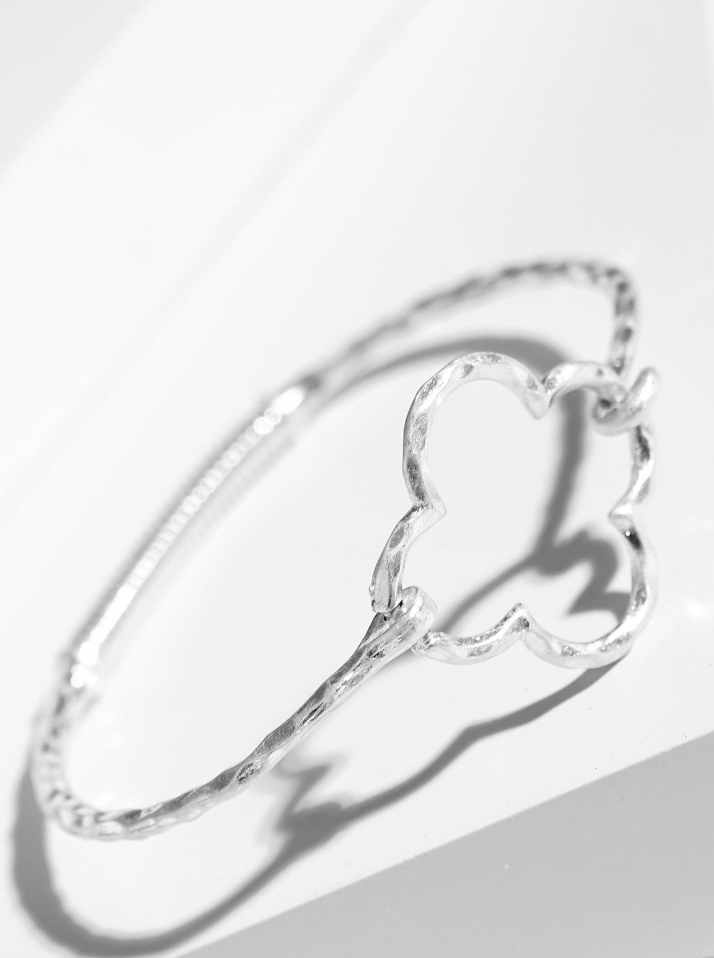 Hammered Metal Quatrefoil Accent Fine Spring Hook Closure Bangle Bracelet