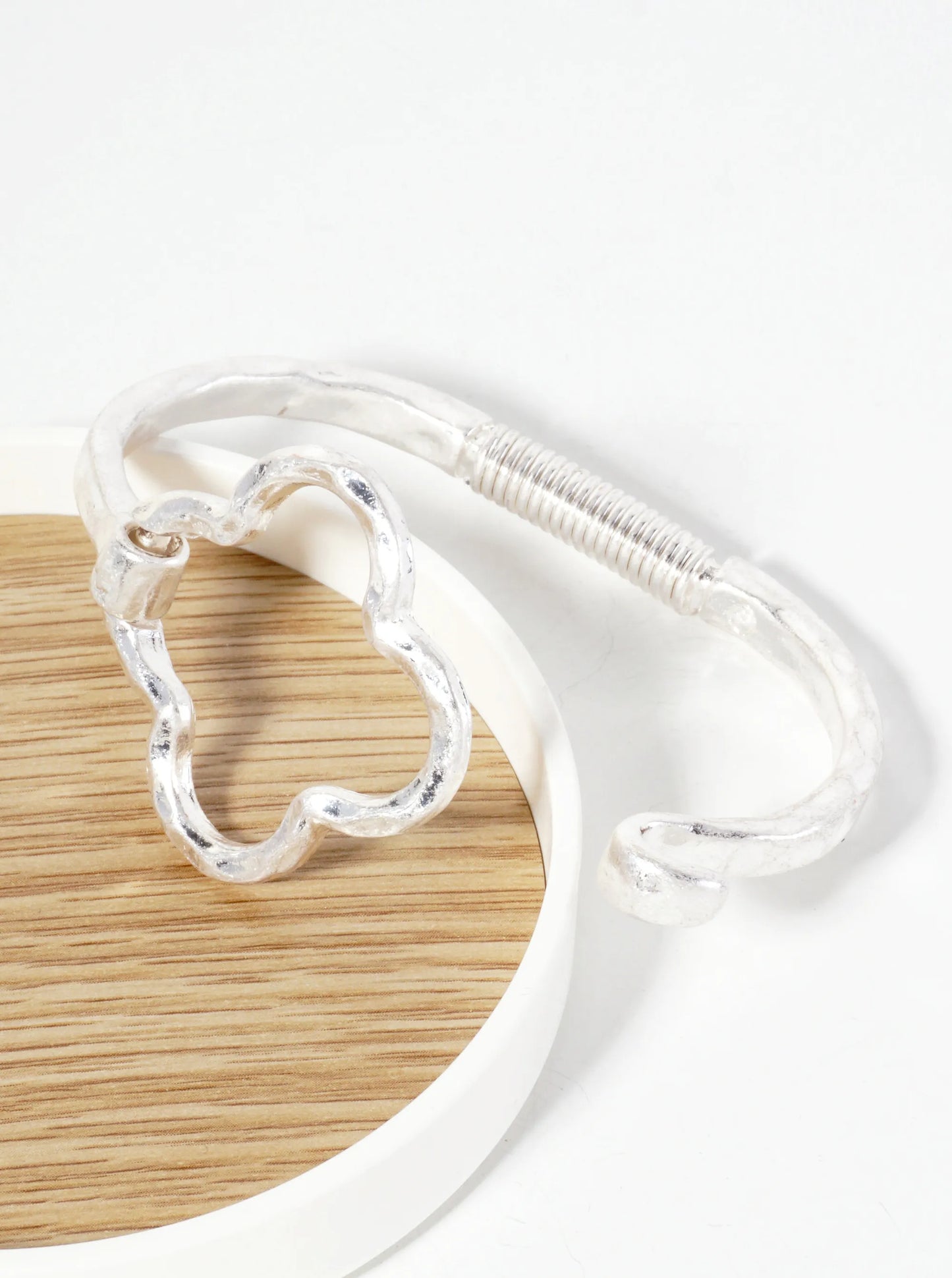 Hammered Metal Quatrefoil Hook Clasp Hinged Bracelet
