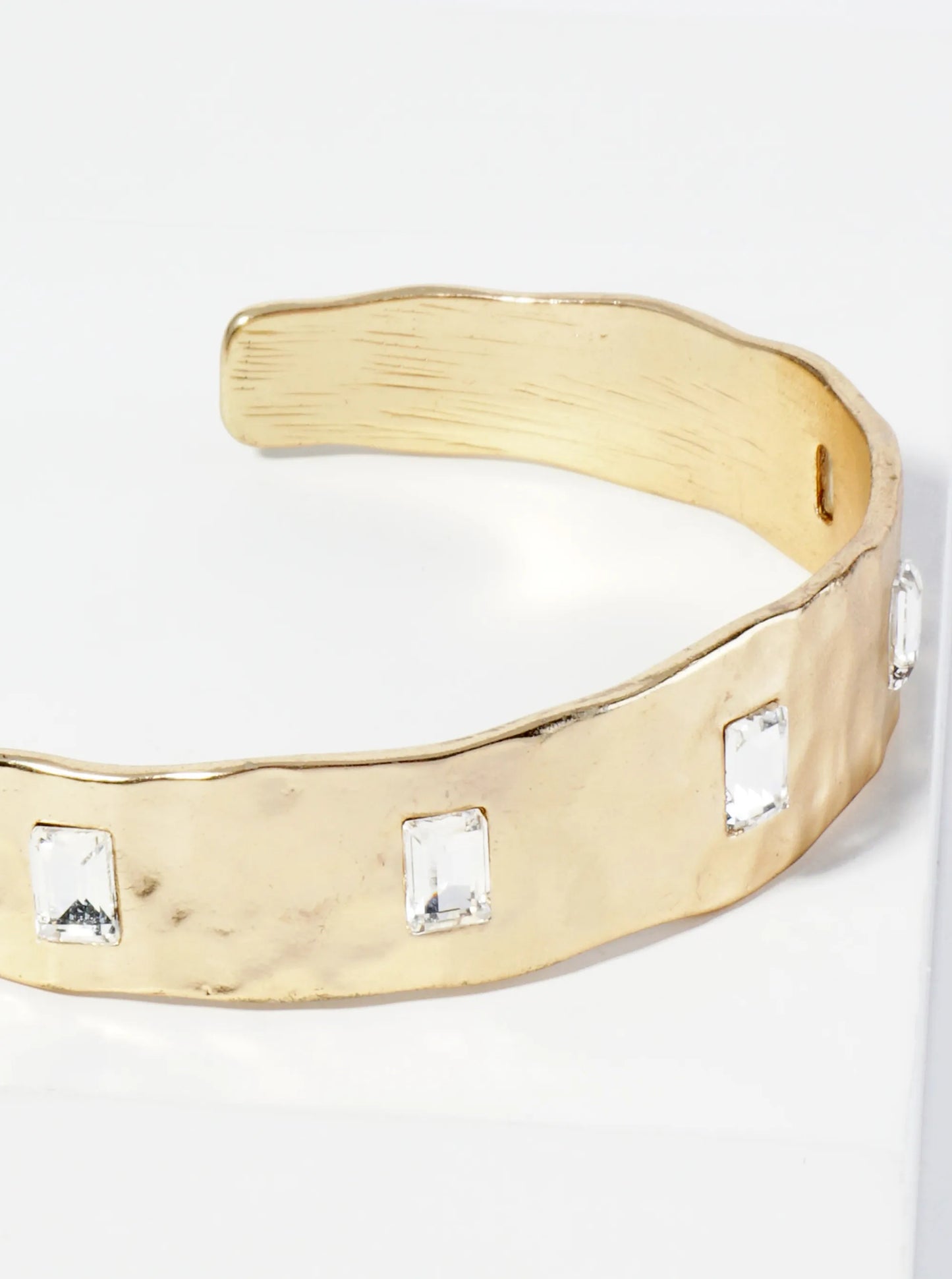 Hammered Metal Rectangle Stone Studded Open Cuff Bracelet