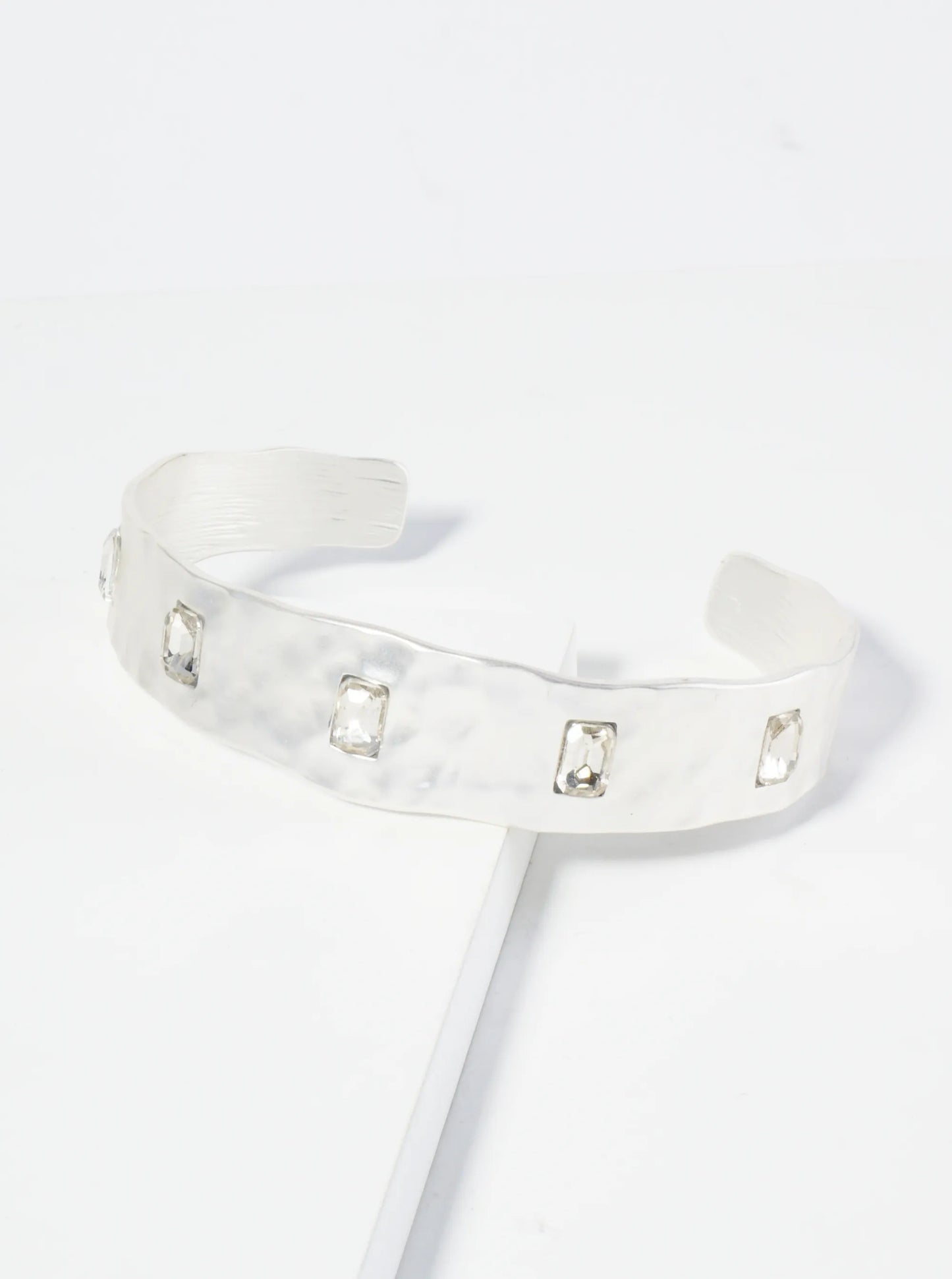 Hammered Metal Rectangle Stone Studded Open Cuff Bracelet