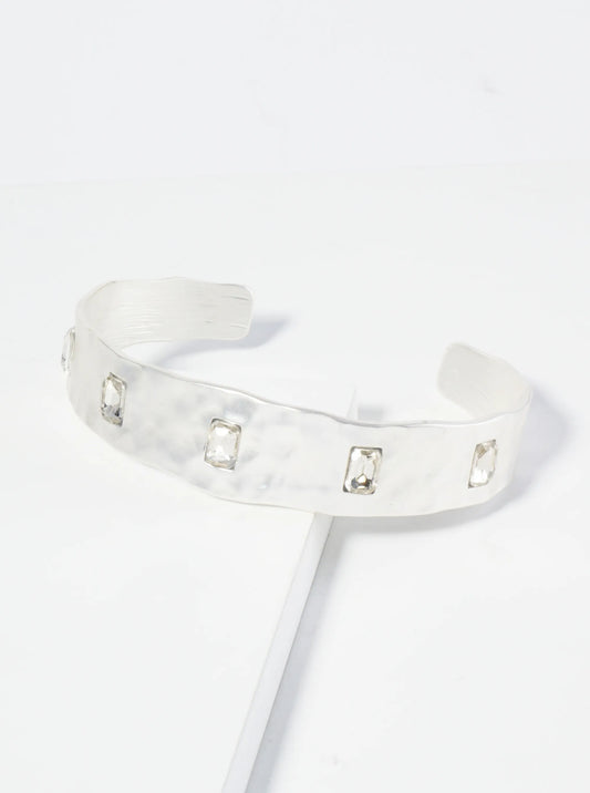 Hammered Metal Rectangle Stone Studded Open Cuff Bracelet