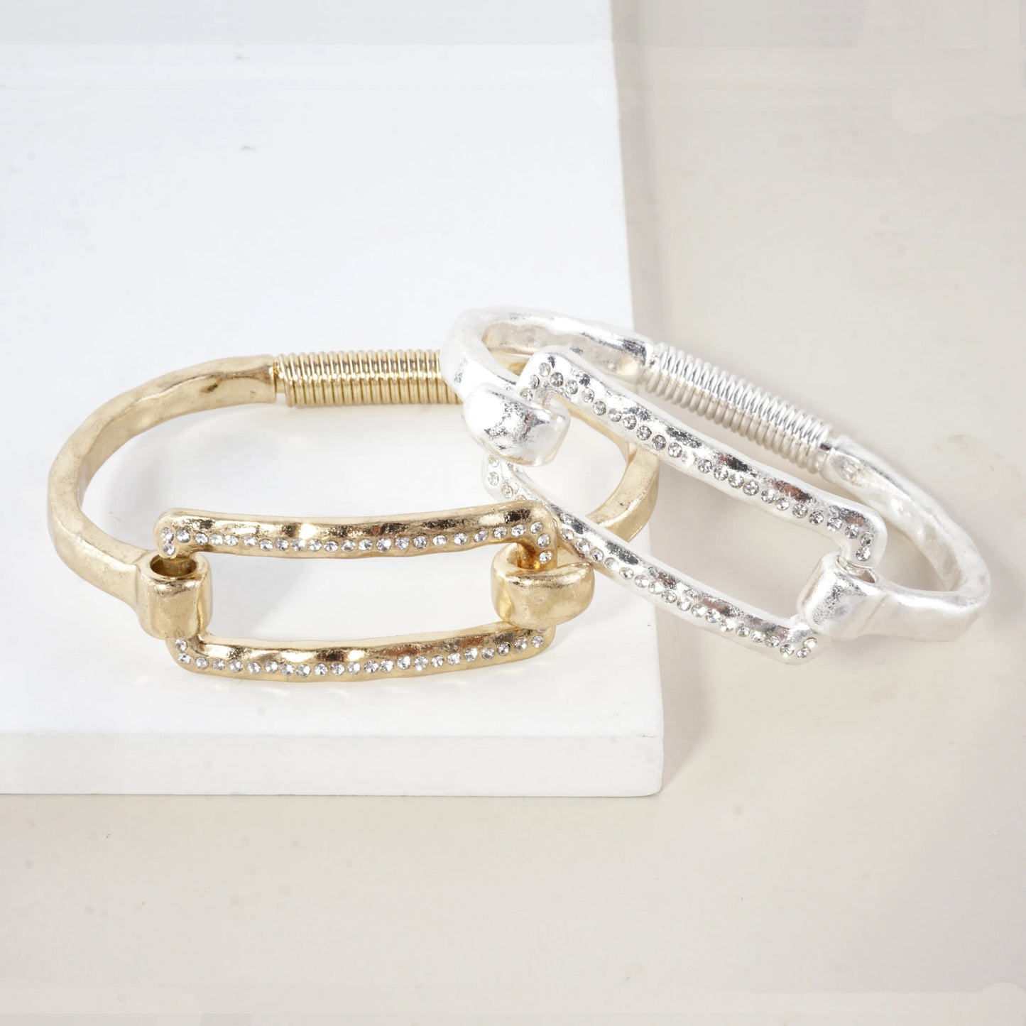 Hammered Metal Rectangular Crystal Hook Bracelet