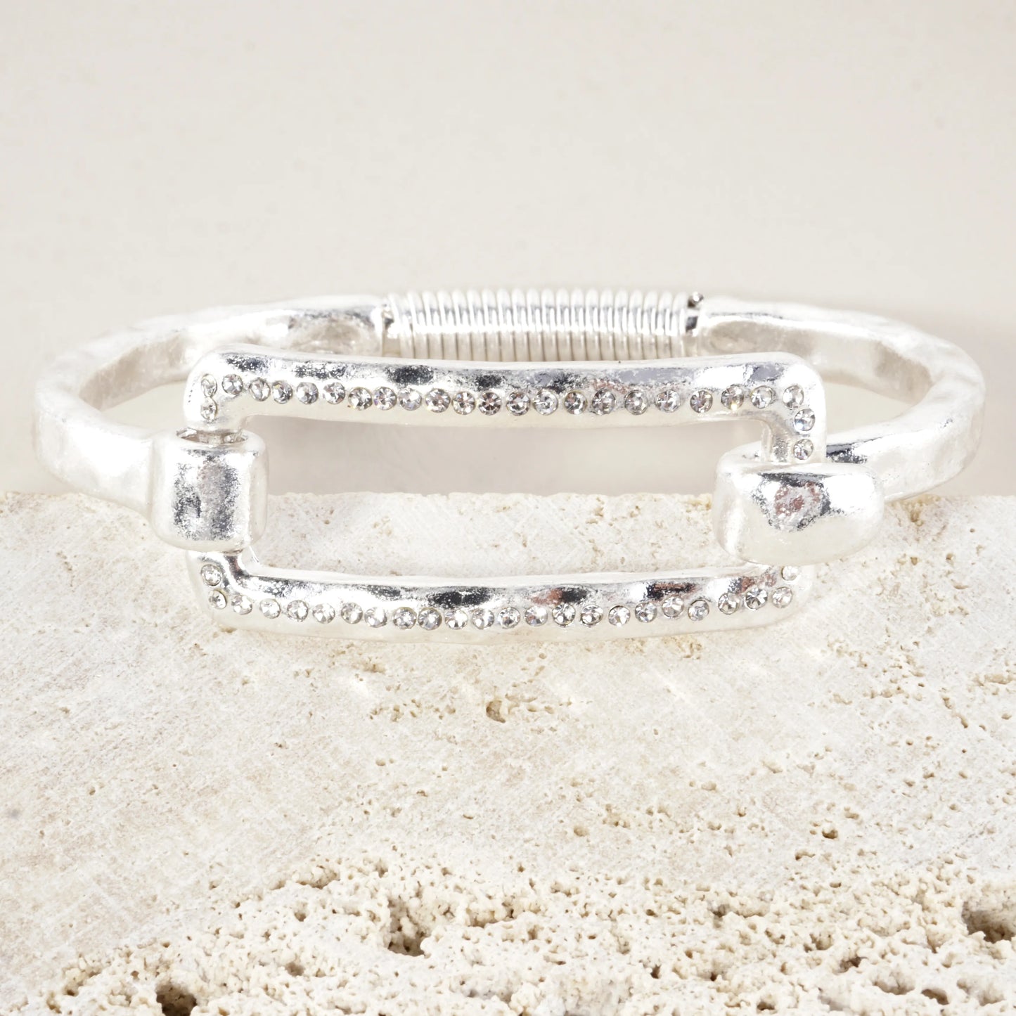 Hammered Metal Rectangular Crystal Hook Bracelet