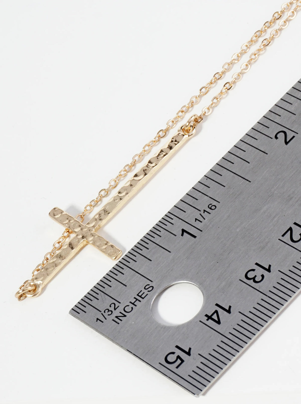 Hammered Metal Sideways Cross Pendant Necklace