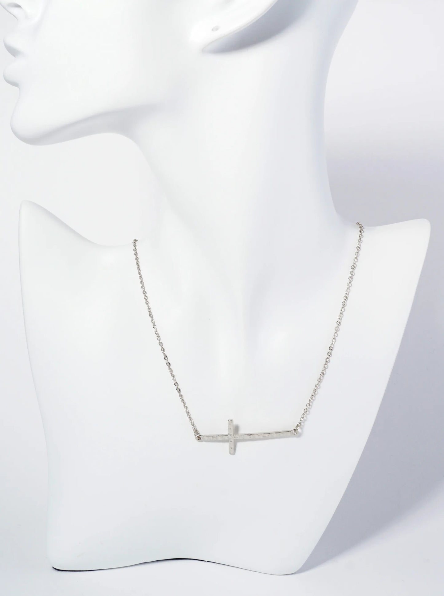 Hammered Metal Sideways Cross Pendant Necklace