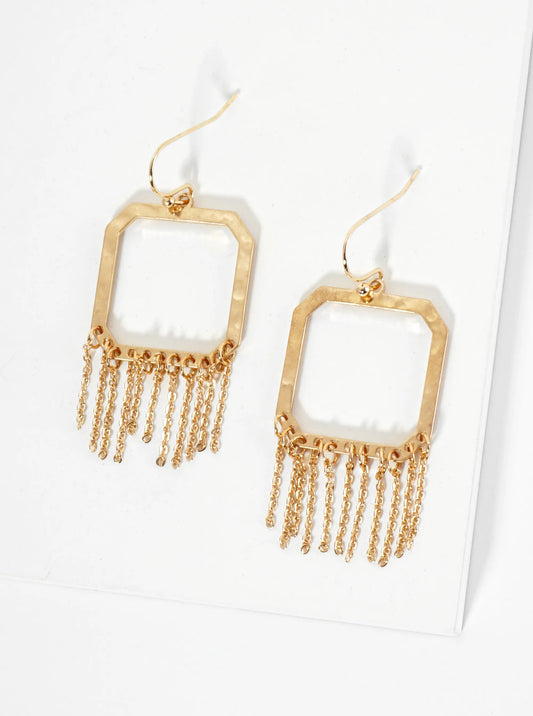 Hammered Metal Square Earrings With Chains Hanging Down