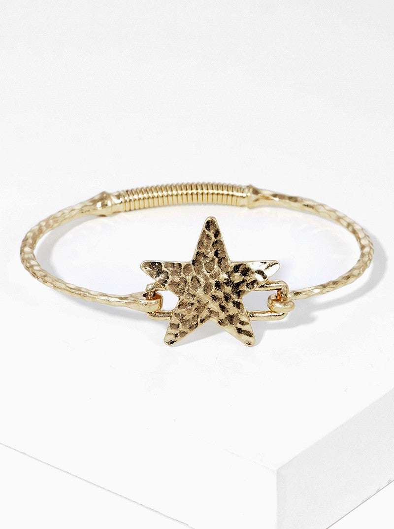 Hammered Metal Star Accent Fine Spring Hook Closure Bangle Bracelet