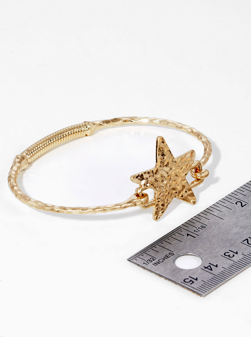 Hammered Metal Star Accent Fine Spring Hook Closure Bangle Bracelet