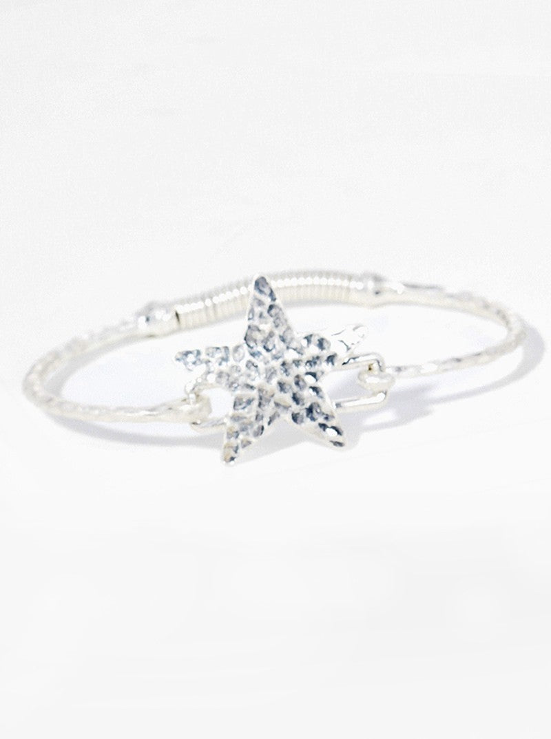 Hammered Metal Star Accent Fine Spring Hook Closure Bangle Bracelet