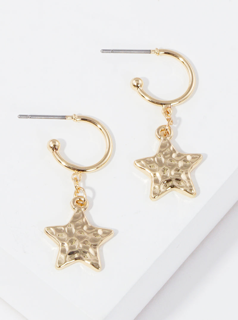 Hammered Metal Star Drop 10mm Huggie Hoop Earrings