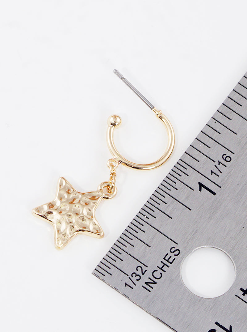 Hammered Metal Star Drop 10mm Huggie Hoop Earrings