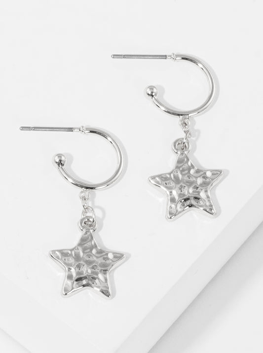 Hammered Metal Star Drop 10mm Huggie Hoop Earrings