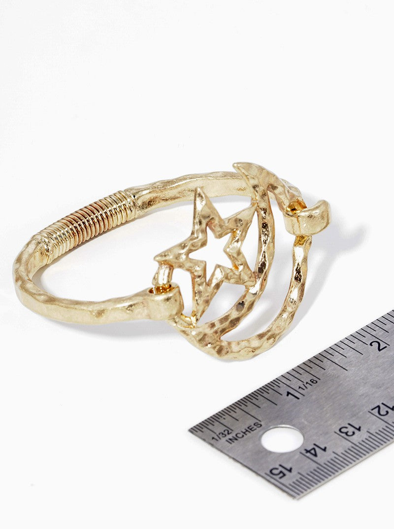 Hammered Metal Star And Moon Accent Spring Hook Closure Bangle Bracelet