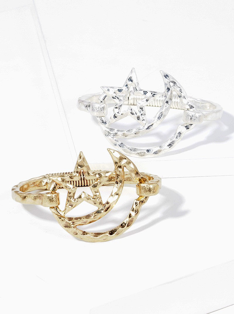 Hammered Metal Star And Moon Accent Spring Hook Closure Bangle Bracelet