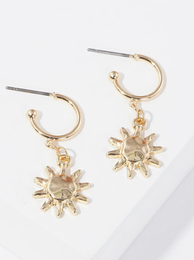 Hammered Metal Sun Drop 10mm Huggie Hoop Earrings