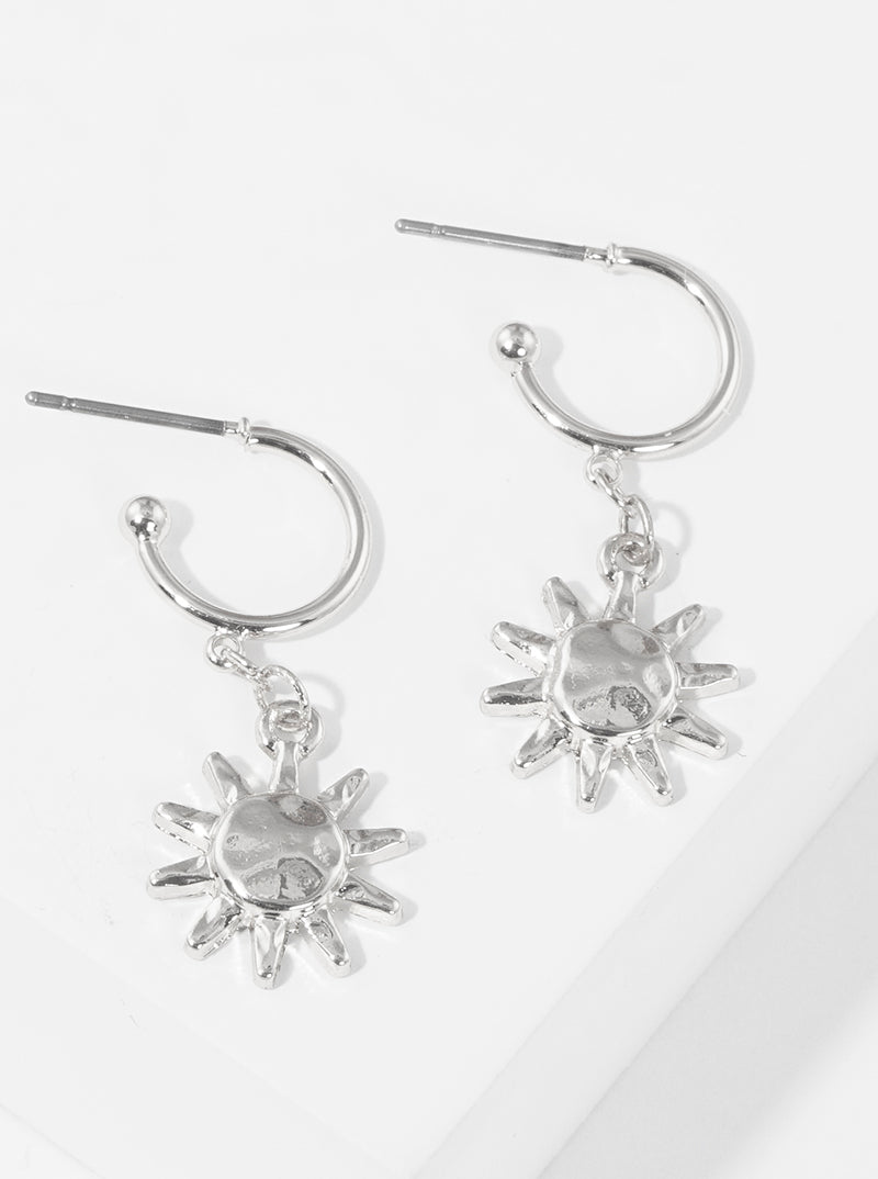 Hammered Metal Sun Drop 10mm Huggie Hoop Earrings