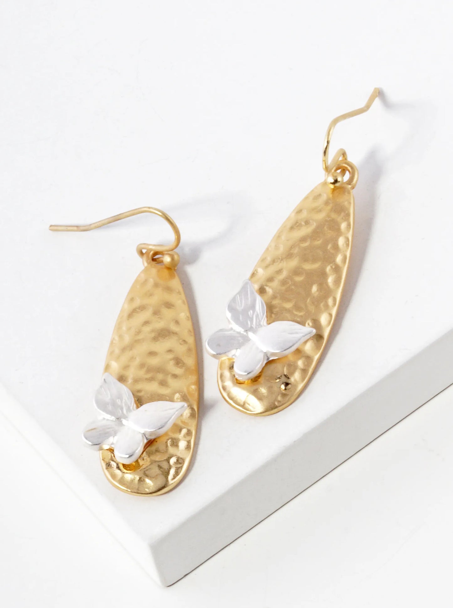 Hammered Metal Teardrop Butterfly Dangle Drop Earrings