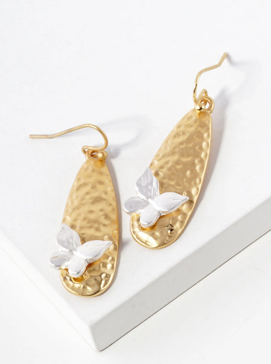 Hammered Metal Teardrop Butterfly Dangle Drop Earrings
