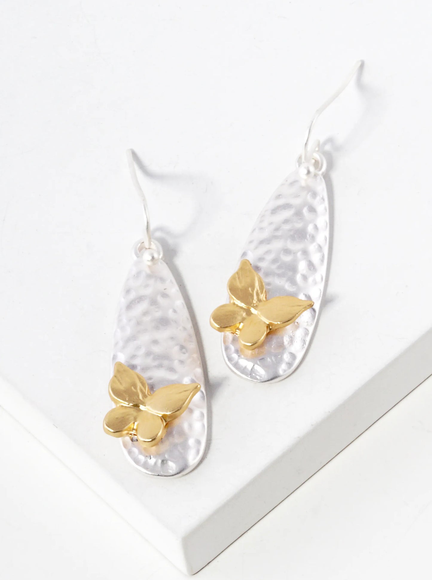 Hammered Metal Teardrop Butterfly Dangle Drop Earrings
