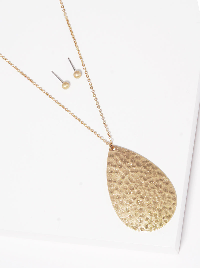 Hammered Metal Teardrop Pendant Long Necklace Set With Earrings