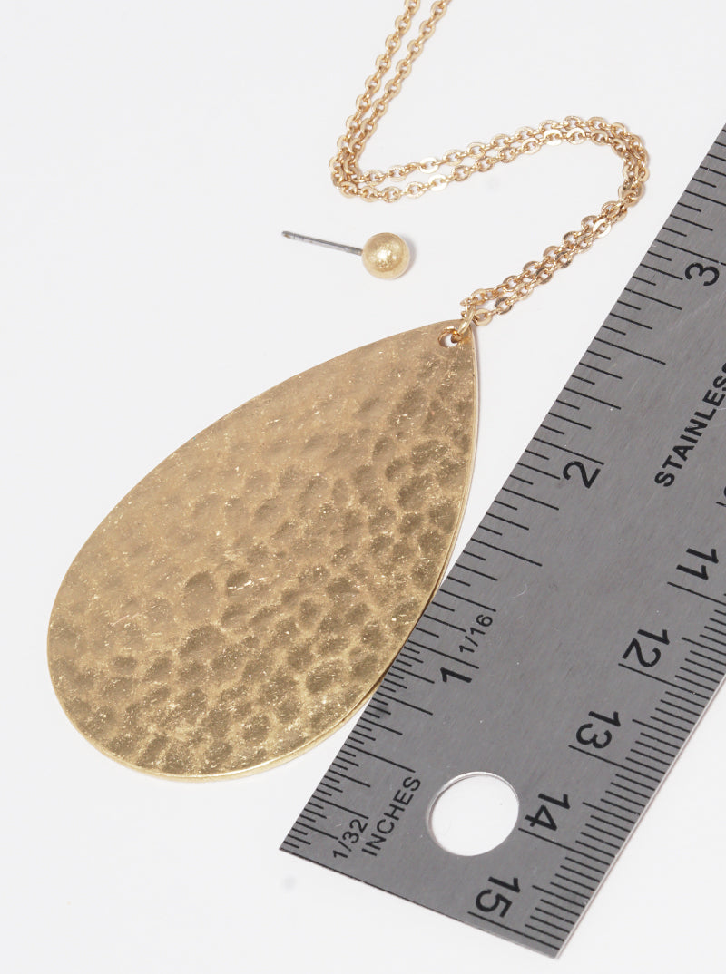 Hammered Metal Teardrop Pendant Long Necklace Set With Earrings