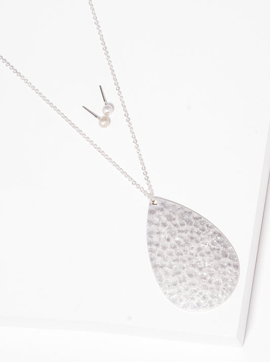 Hammered Metal Teardrop Pendant Long Necklace Set With Earrings