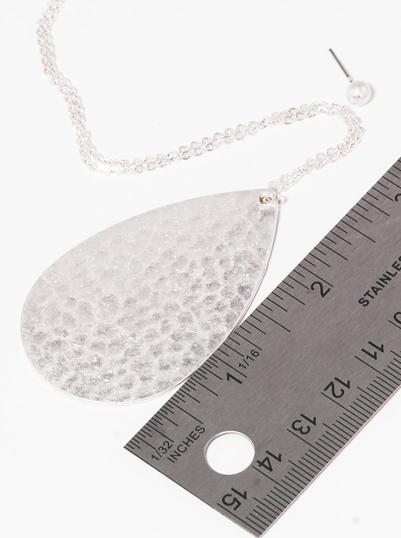 Hammered Metal Teardrop Pendant Long Necklace Set With Earrings